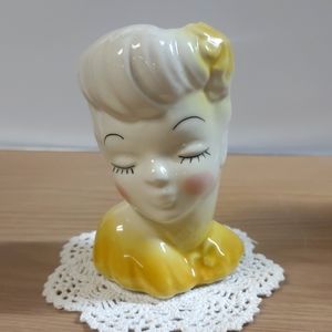 Vintage Glamour Girl Lady Head Vase in Yellow 5 1/2"